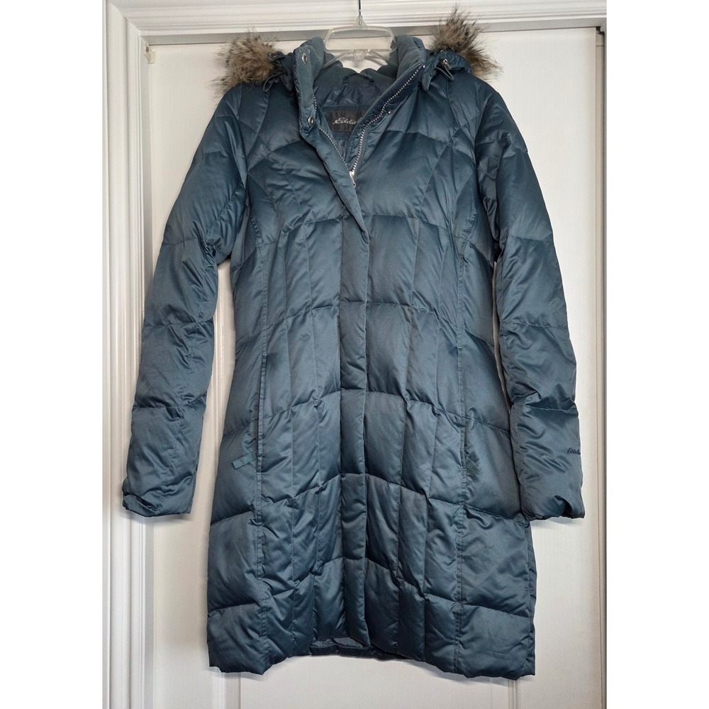 Eddie Bauer Down Coat Teal Blue Hooded Faux Fur Trim Winter Parka‎ Size S Knee